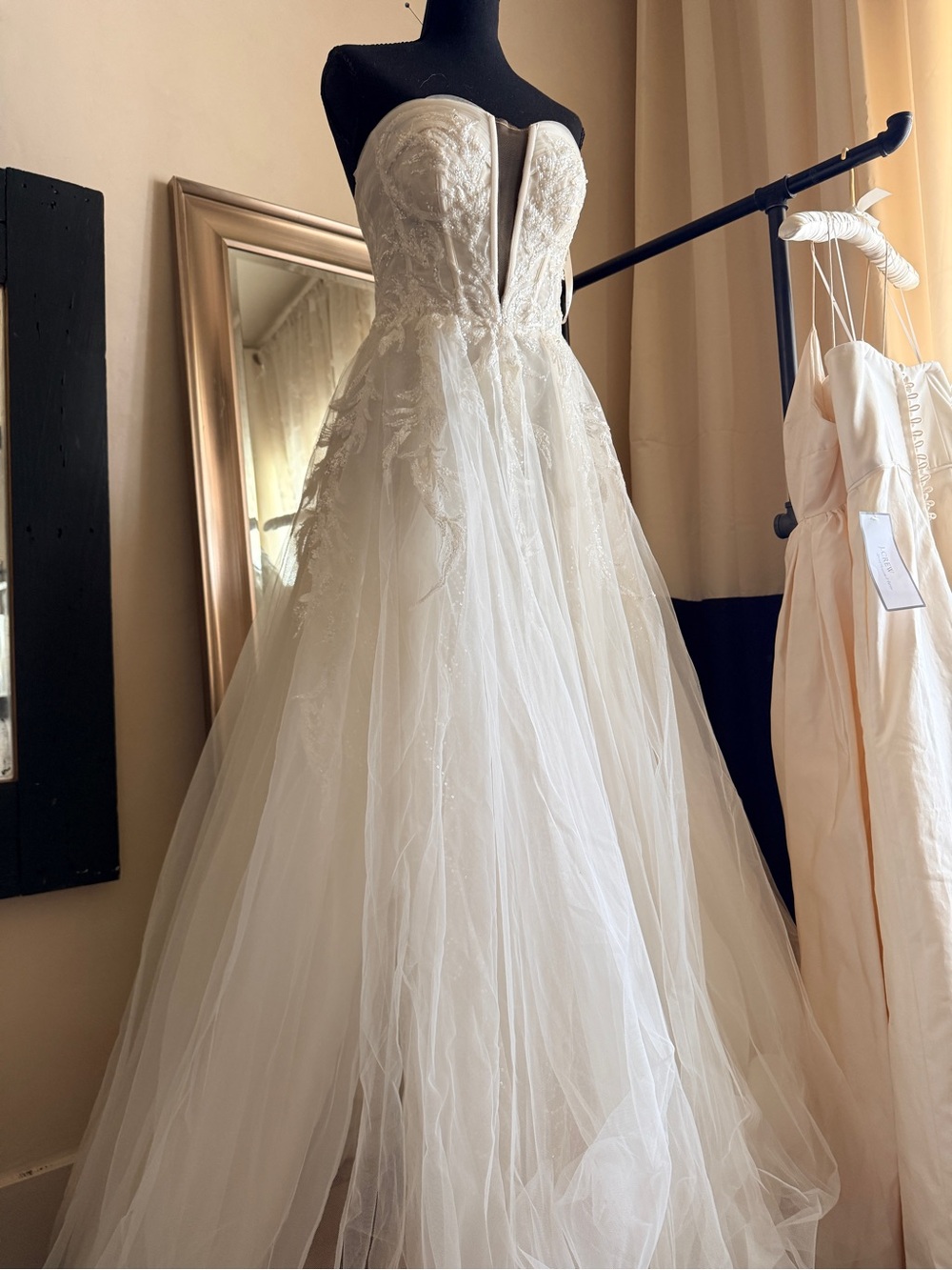 Galina | Strapless Lace Appliqué Tulle Ballgown in Ivory